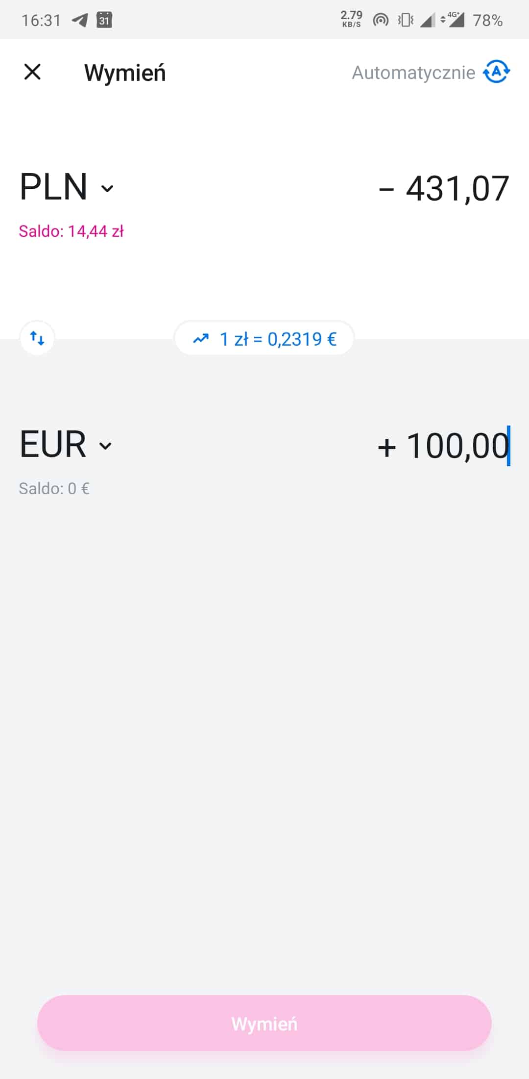 Wymiana walut w aplikacji Revolut