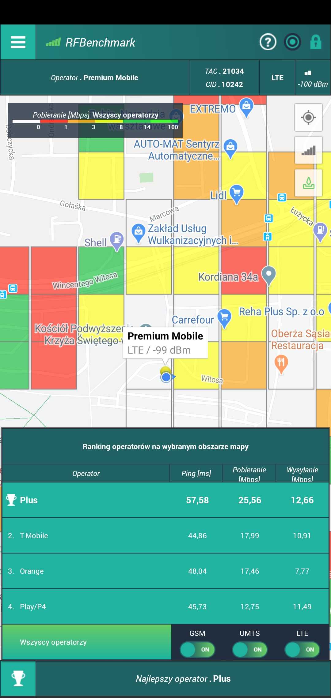 Mapa RFBenchmark na krakowskim osiedlu z rankingiem operatorów — najszybsze pobieranie ma Plus, 25,56 Mb/s