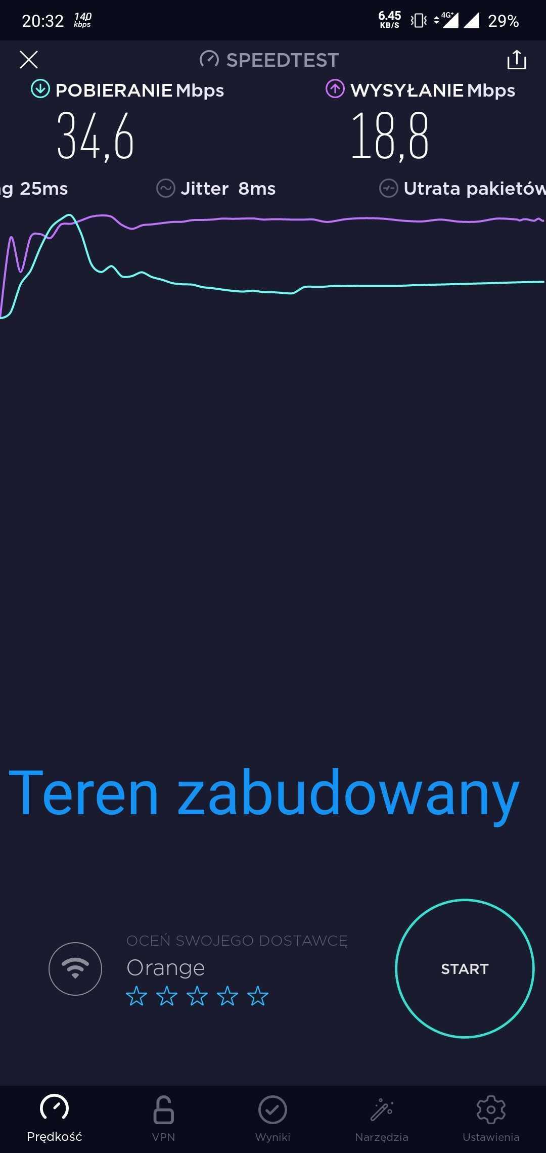 Wynik pomiaru Speedtest w sieci Orange na terenie zabudowanym: pobieranie 34,6 Mb/s, wysyłanie 18,8 Mb/s