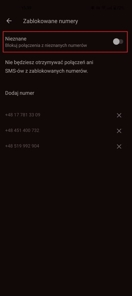 blokada nieznanych numerów w androidzie