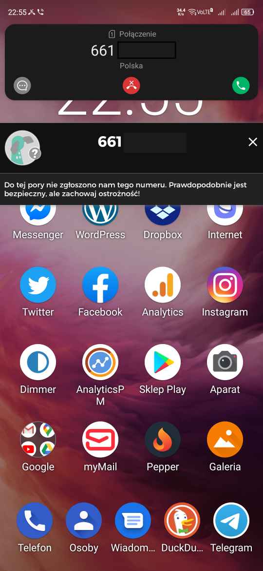 informacja o polaczeniu na ekranie glownym