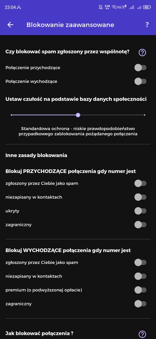 Ekran „Blokowanie zaawansowane” w Androidzie z przełącznikami blokowania połączeń: spam, numery spoza kontaktów, ukryte i zagraniczne