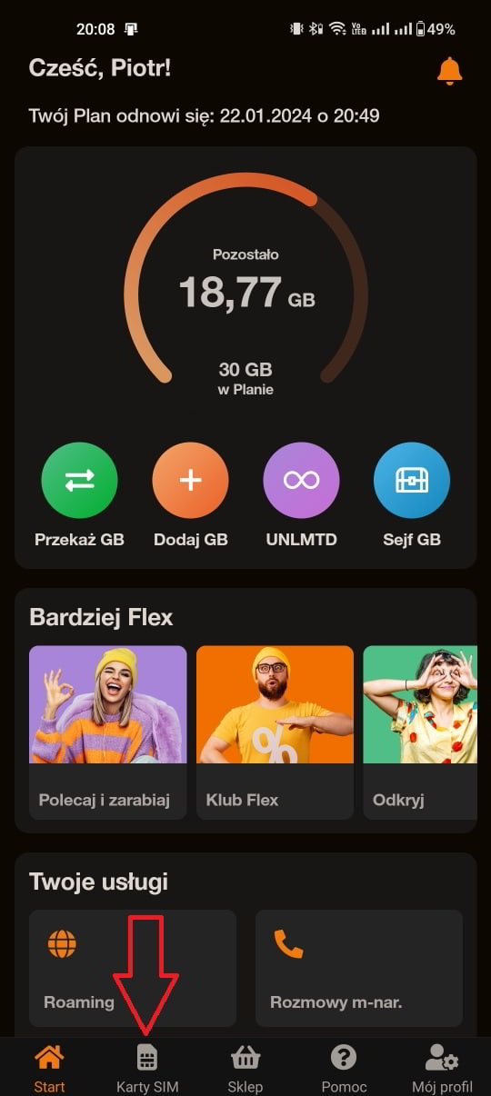 Proces zamiany tradycyjnej karty SIM na eSIM w aplikacji Orange Flex - krok 1