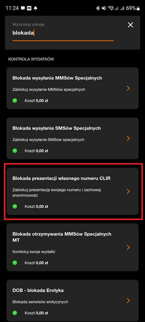 Blokada numeru - wyszukiwanie w Mój Orange