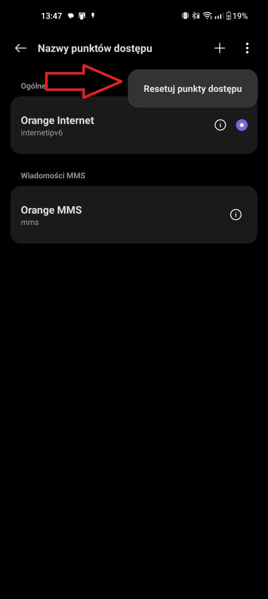 Krok czwarty ustawienia Internetu w Orange - resetowanie APN