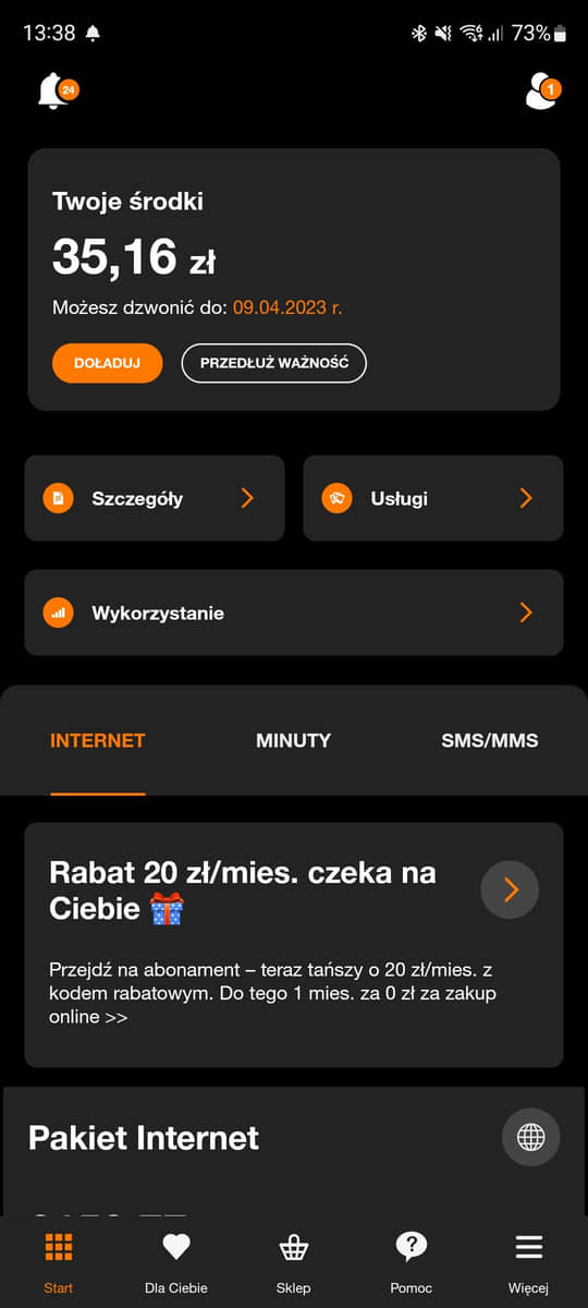 stan kotna w aplikacji Mój Orange
