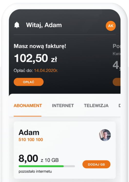 Zrzut ekranu z aplikacji Mój Orange