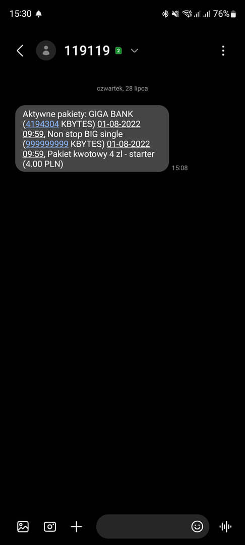 stan Internetu krótkim kodem Plus