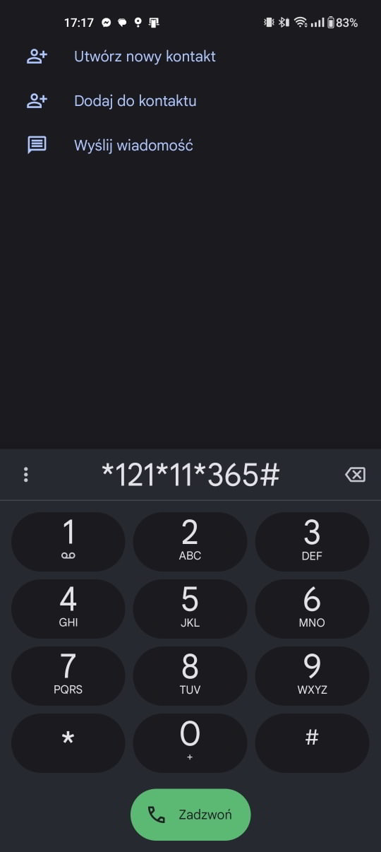 Zrzut ekranu aplikacji Telefon z wpisanym kodem aktywującym