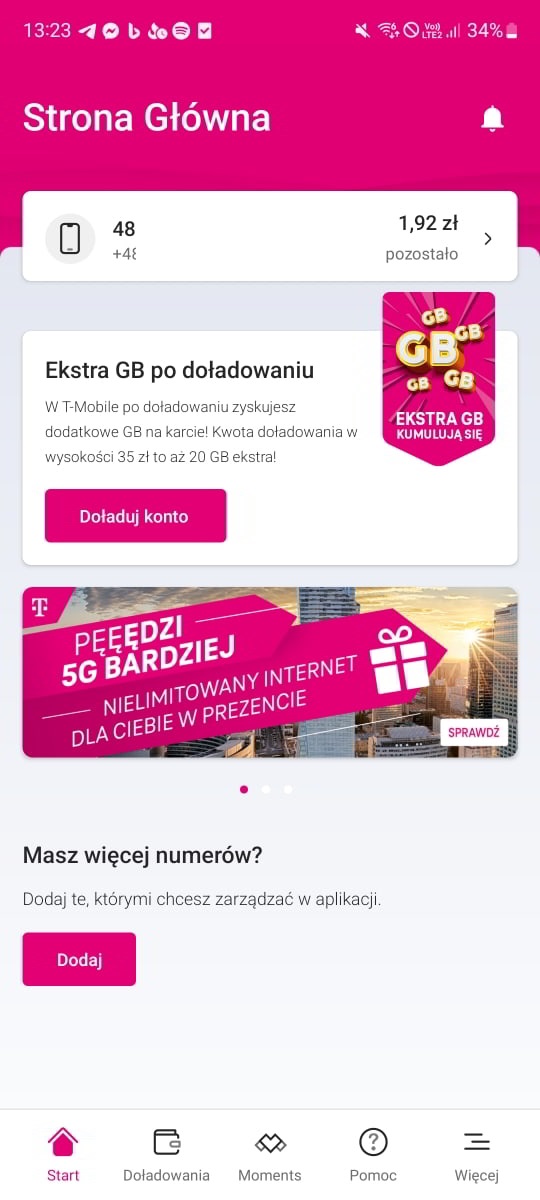Zrzut ekranu głównego w aplikacji Mój T-Mobile