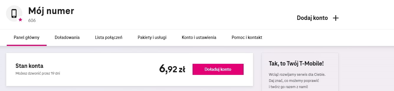 Zrzut ekranu z serwisu online w sieci T-Mobile, który pokazuje stan konta dla danego numeru na kartę