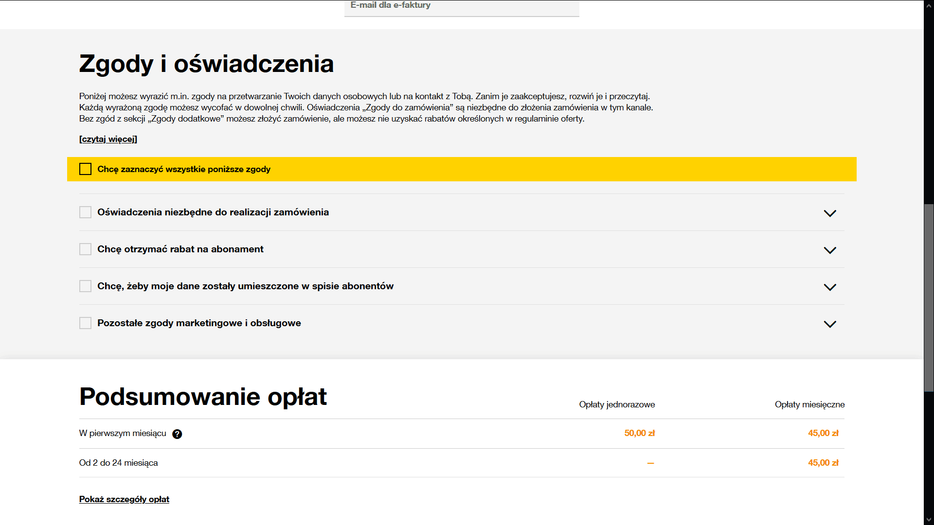 Formularz zamówienia abonamentu z podświetlonym na żółto polem „Chcę zaznaczyć wszystkie poniższe zgody” nad zwiniętą listą zgód
