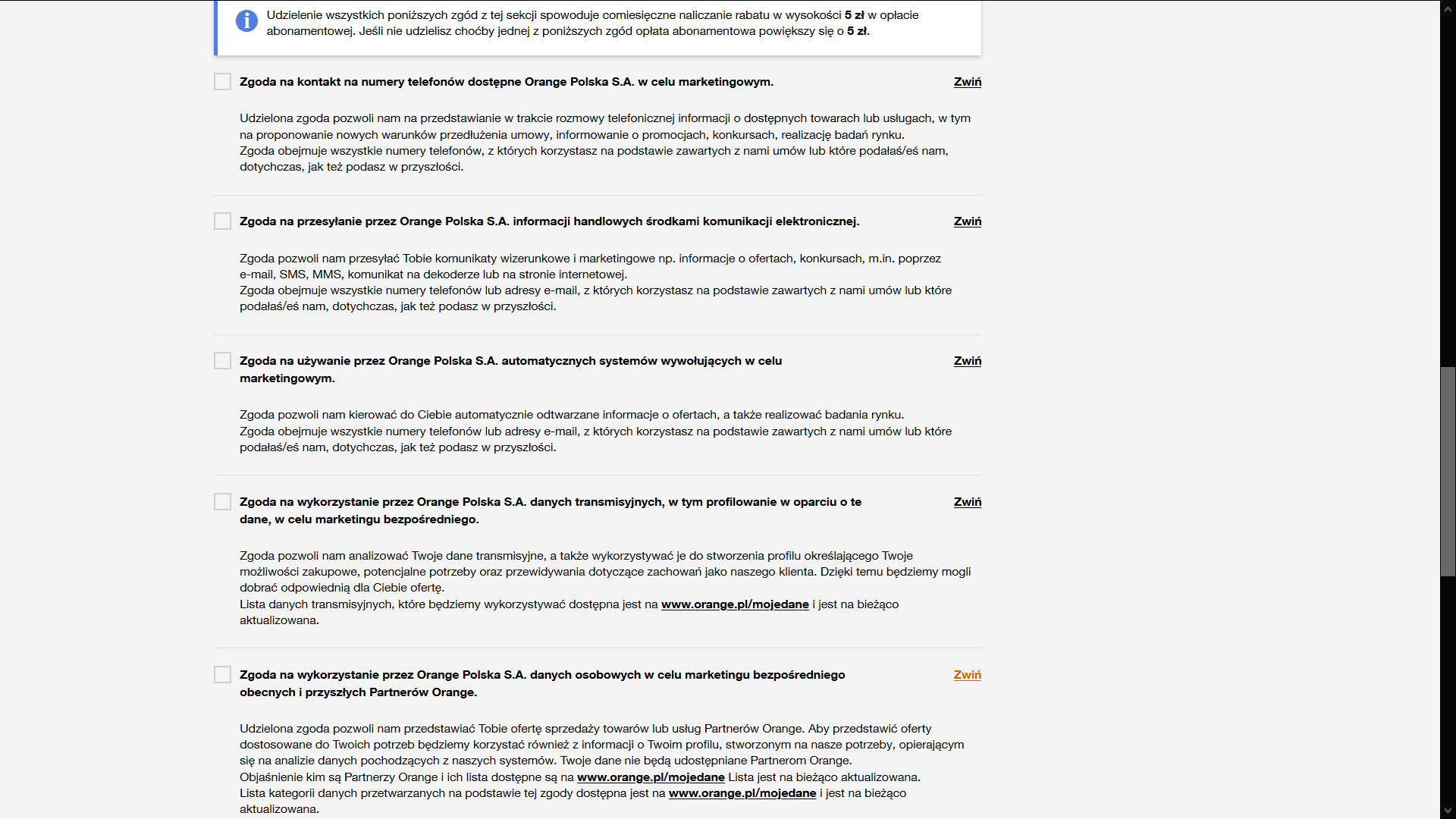 Lista zgód marketingowych w Orange