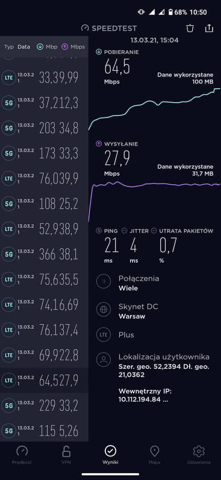 Pomiar LTE w Krakowie w sieci Plus - most Dębnicki