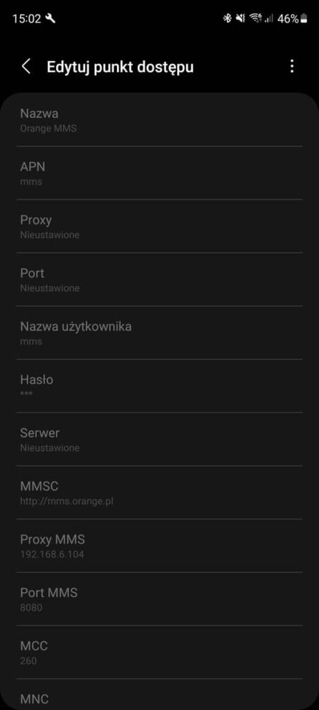 Tak wyglądają ustawienia MMSów w Orange na Androidzie