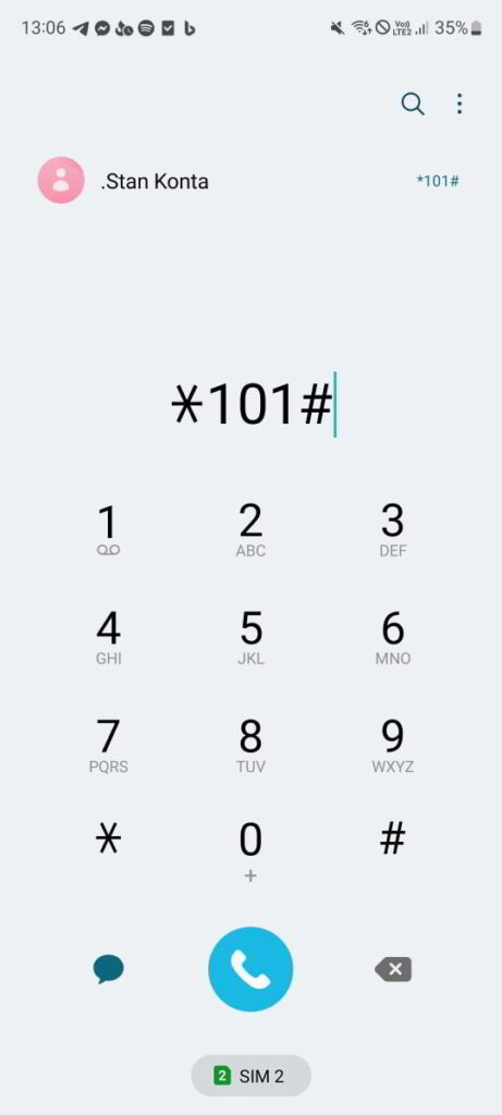 Zrzut ekranu z aplikacji telefon z wpisanym kodem *101#, którym sprawdza się stan konta