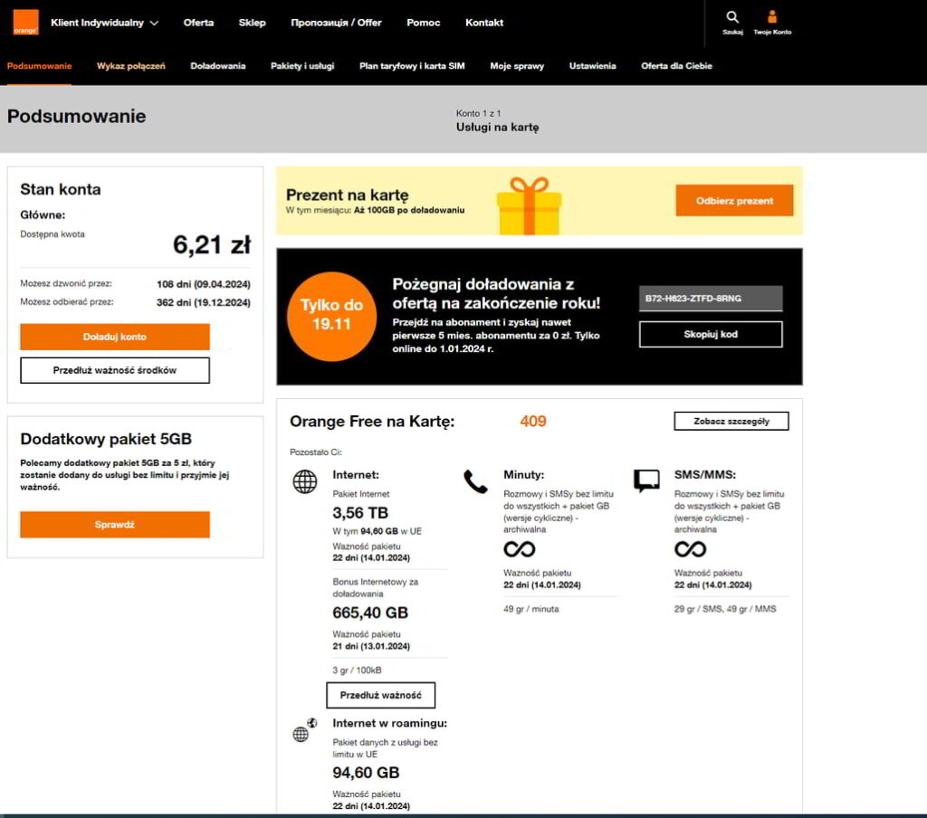 Zrzut ekranu z serwisu internetowego Mój Orange