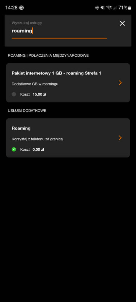 wlączenie roamingu w aplikacji Mój Orange