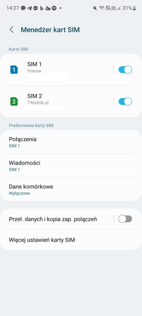 Zrzut ekranu prezentujący menedżera kart SIM w ustawieniach w androidzie
