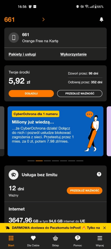 Główny ekran aplikacji Orange na kartę