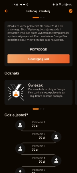 Zrzut ekranu z aplikacji Orange Flex z kodem rabatowym