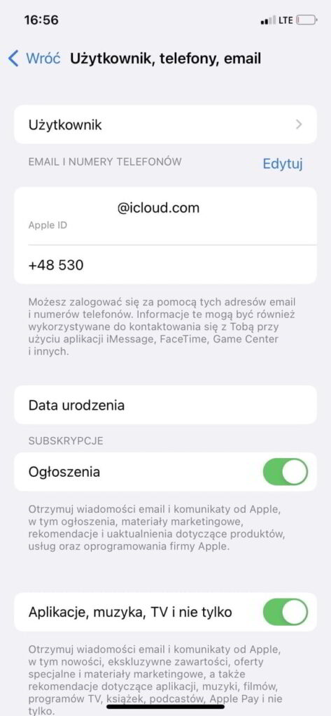 Zrzut ekranu z ustawieniami oraz numerem telefonu w iOS